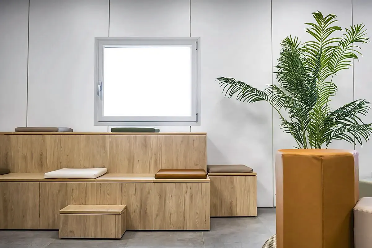 Graderío de madera con cojines junto a una planta